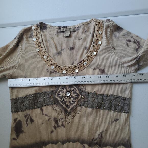 Boho Fairy Grunge Shirt Womens Large Beige Beaded Crochet Embroidered Rhinestone - Picture 6 of 7